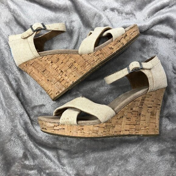 TOMS Natural Sierra Canvas Burlap Crisscross Open Toe Cork Wedge Sandals Sz 9.5 - Picture 7 of 11